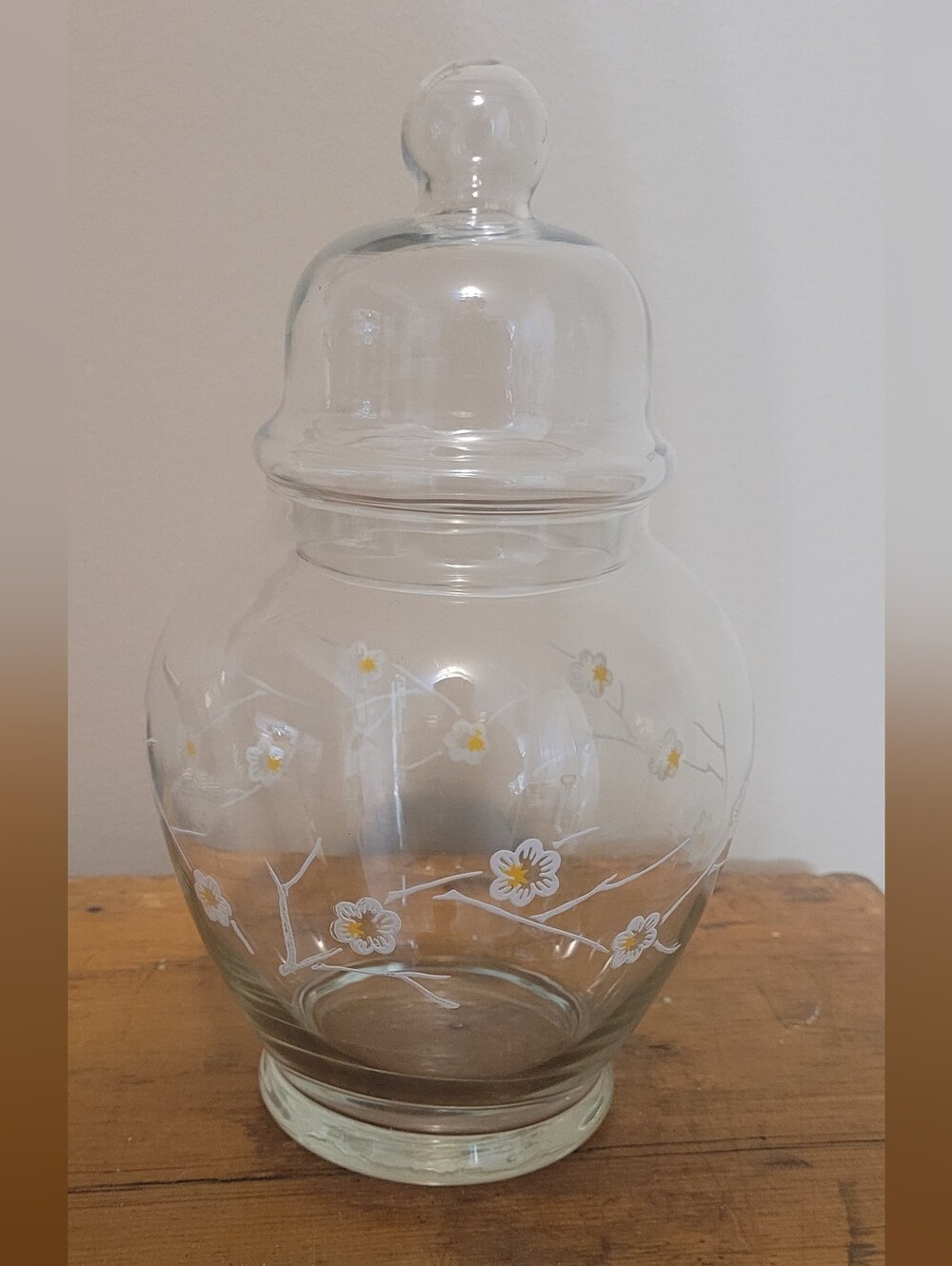 Clear Glass Apothecary Jar with White & Yellow Floral Accents